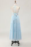 Sky Blue Halter Ruched Chiffon Maxi Summer Wedding Guest Dress with Bow