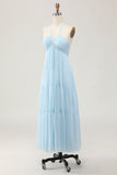 Sky Blue Halter Ruched Chiffon Maxi Summer Wedding Guest Dress with Bow