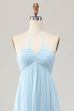 Sky Blue Halter Ruched Chiffon Maxi Summer Wedding Guest Dress with Bow