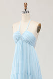 Sky Blue Halter Ruched Chiffon Maxi Summer Wedding Guest Dress with Bow