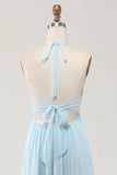 Sky Blue Halter Ruched Chiffon Maxi Summer Wedding Guest Dress with Bow