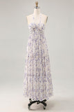 Blue Floral Chiffon Halter Ruched Maxi A Line Wedding Guest Dress