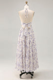 Blue Floral Chiffon Halter Ruched Maxi A Line Wedding Guest Dress