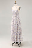 Blue Floral Chiffon Halter Ruched Maxi A Line Wedding Guest Dress