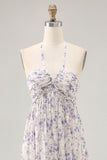 Blue Floral Chiffon Halter Ruched Maxi A Line Wedding Guest Dress