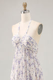 Blue Floral Chiffon Halter Ruched Maxi A Line Wedding Guest Dress