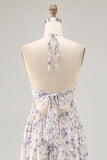 Blue Floral Chiffon Halter Ruched Maxi A Line Wedding Guest Dress