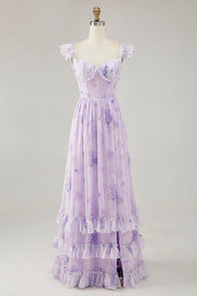 A Line Lavender Floral Corset Ruffled Maxi Bridesmaid Dress with Slit