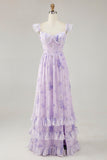 A Line Lavender Floral Corset Ruffled Maxi Bridesmaid Dress with Slit