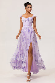 Lavender Corset Floral Maxi Ruffled Bridesmaid Dress with Slit