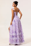 A Line Lavender Floral Corset Ruffled Maxi Bridesmaid Dress with Slit