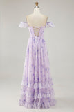 A Line Lavender Floral Corset Ruffled Maxi Bridesmaid Dress with Slit
