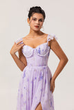 Lavender Corset Floral Maxi Ruffled Bridesmaid Dress with Slit