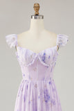 A Line Lavender Floral Corset Ruffled Maxi Bridesmaid Dress with Slit