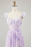 A Line Lavender Floral Corset Ruffled Maxi Bridesmaid Dress with Slit