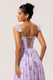 Lavender Corset Floral Maxi Ruffled Bridesmaid Dress with Slit