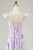 A Line Lavender Floral Corset Ruffled Maxi Bridesmaid Dress with Slit