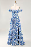Red Floral Maxi Chiffon Corset Ruffled Wedding Guest Dress with Slit