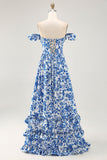 Blue Floral Corset Chiffon A Line Ruffled Maxi Wedding Guest Dress with Slit