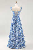 Red Floral Maxi Chiffon Corset Ruffled Wedding Guest Dress with Slit