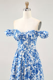 Blue Floral Corset Chiffon A Line Ruffled Maxi Wedding Guest Dress with Slit