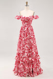 Blue Floral Corset Chiffon A Line Ruffled Maxi Wedding Guest Dress with Slit