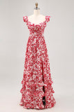 Red Floral Maxi Chiffon Corset Ruffled Wedding Guest Dress with Slit