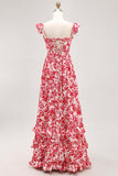 Red Floral Maxi Chiffon Corset Ruffled Wedding Guest Dress with Slit