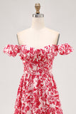 Red Floral Maxi Chiffon Corset Ruffled Wedding Guest Dress with Slit