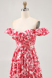 Red Floral Maxi Chiffon Corset Ruffled Wedding Guest Dress with Slit