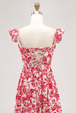 Red Floral Maxi Chiffon Corset Ruffled Wedding Guest Dress with Slit