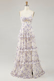 Purple Floral Cut Out Ruffled Maxi Wedding Guest Dress with Slit