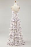 Purple Floral Cut Out Ruffled Maxi Wedding Guest Dress with Slit
