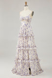 Purple Floral Cut Out Ruffled Maxi Wedding Guest Dress with Slit