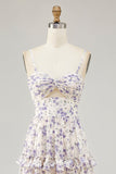 Purple Floral Cut Out Ruffled Maxi Wedding Guest Dress with Slit