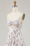 Purple Floral Cut Out Ruffled Maxi Wedding Guest Dress with Slit