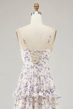 Purple Floral Cut Out Ruffled Maxi Wedding Guest Dress with Slit