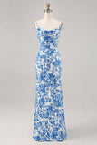 Blue Floral Cowl Neck Mermaid Maxi Wedding Guest Dress