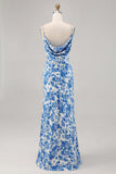 Blue Floral Cowl Neck Mermaid Maxi Wedding Guest Dress
