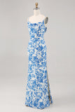 Blue Floral Cowl Neck Mermaid Maxi Wedding Guest Dress
