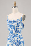 Blue Floral Cowl Neck Mermaid Maxi Wedding Guest Dress