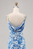 Blue Floral Cowl Neck Mermaid Maxi Wedding Guest Dress