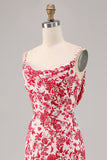 Red Mermaid Floral Spaghetti Straps Maxi Wedding Guest Dress