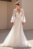 Ivory Tulle Corset V-Neck Sweep Train A Line Wedding Dress with Lace