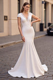 Ivory Satin Cap Sleeves Mermaid Sweep Train Wedding Dress with Lace