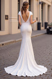 Ivory Satin Cap Sleeves Mermaid Sweep Train Wedding Dress with Lace
