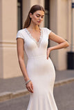 Ivory Satin Cap Sleeves Mermaid Sweep Train Wedding Dress with Lace