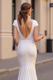 Ivory Satin Cap Sleeves Mermaid Sweep Train Wedding Dress with Lace