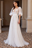 Tulle Ivory Half Sleeves Boho Sweep Train Wedding Dress with Appliques