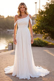 Ivory A Line Ruched Boho Sweep Train Chiffon Wedding Dress